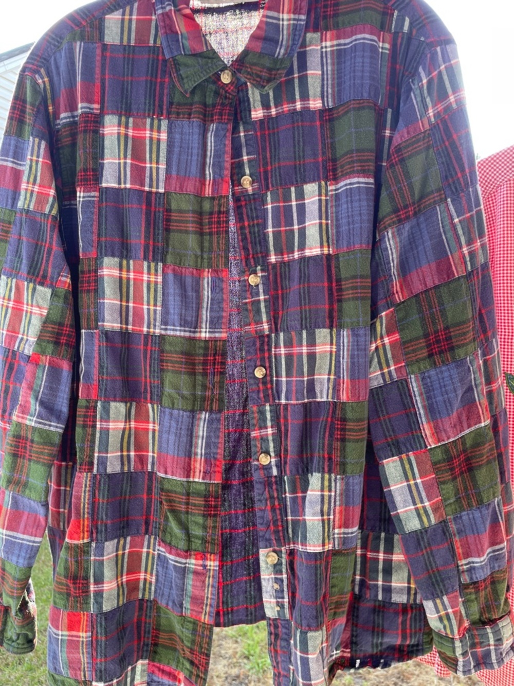 Victoria Jones Woman Plaid Patchwork Button-Down Shirt in Red, Green, Navy